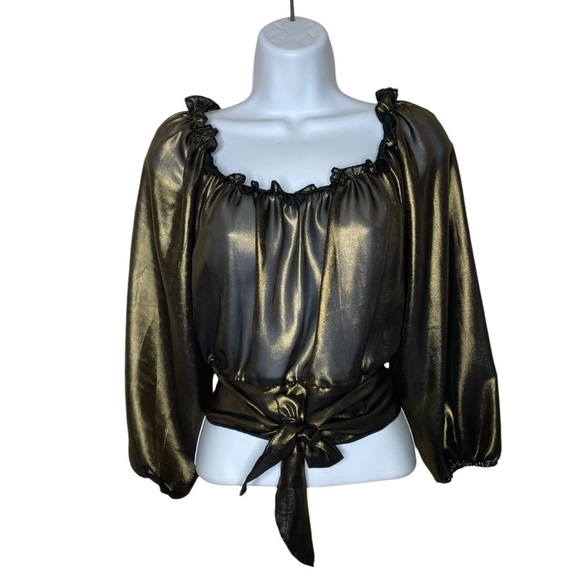 Cocoa Metallic Gold Off Shoulder Tie Waist Top Large - Picture 2 of 13